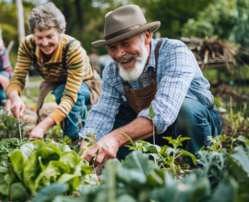 Happy people of all ages working in the vegetable garden. Parents and children tend the garden together. Organic gardening