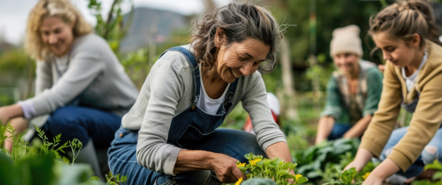 Happy people of all ages working in the vegetable garden. Parents and children tend the garden together. Organic gardening